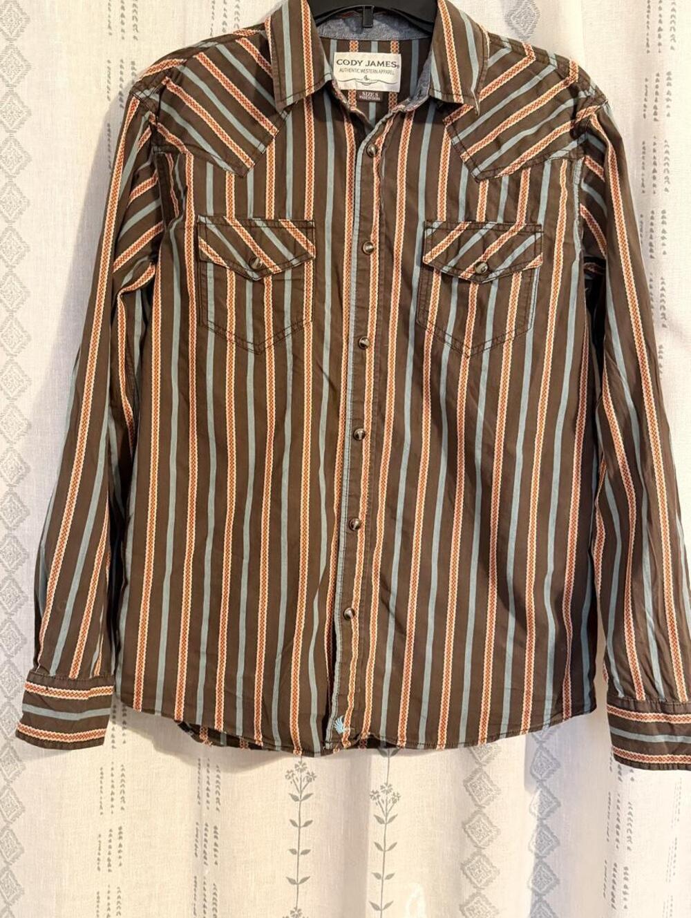 Cody James Cotton Striped Pearl Snap Western Shirt Brown Teal Blue cowboy core
